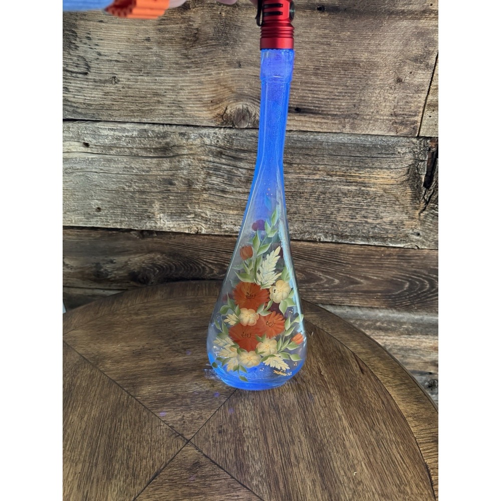 Vintage Hand Painted floral Blue Glass Vase Bottle. Large 17" Tall. Signed